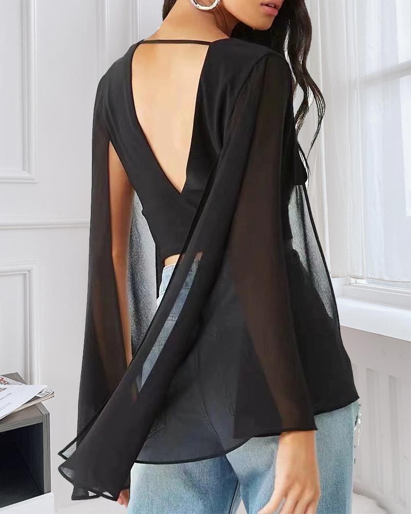 

Solid Color Mesh Skinny Waist Long Sleeve Cropped Top, Black