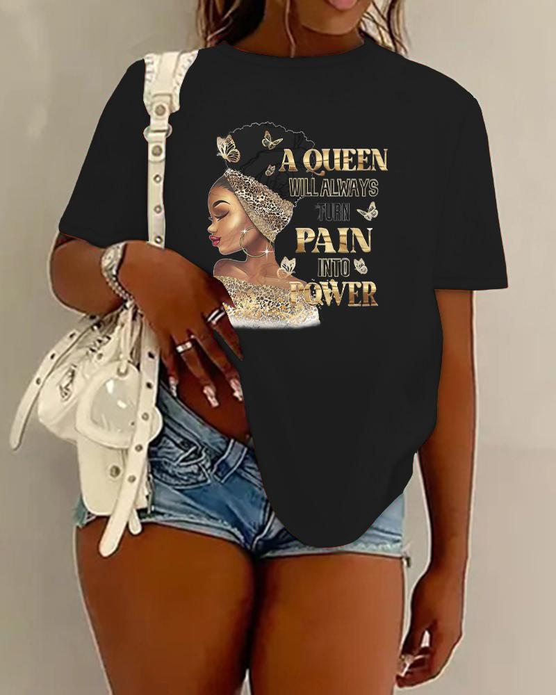

Figure Queen Slogan Print Crew Neck Casual T-shirt, Black