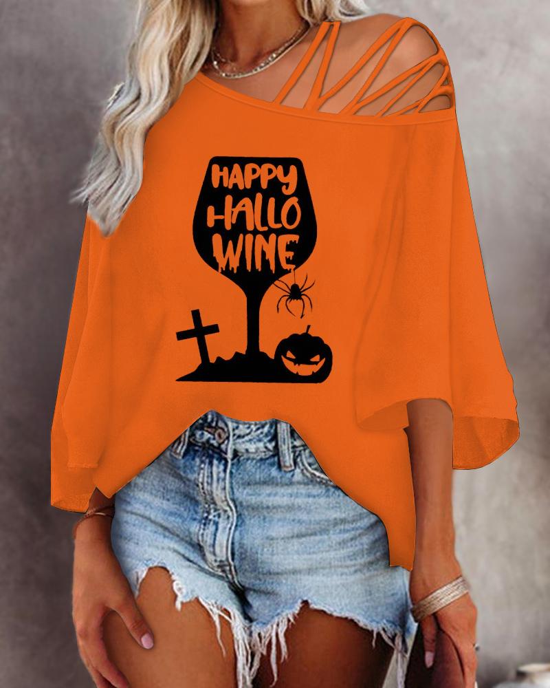 

Halloween Graphic Print Cold Shoulder Bell Sleeve Top, Orange