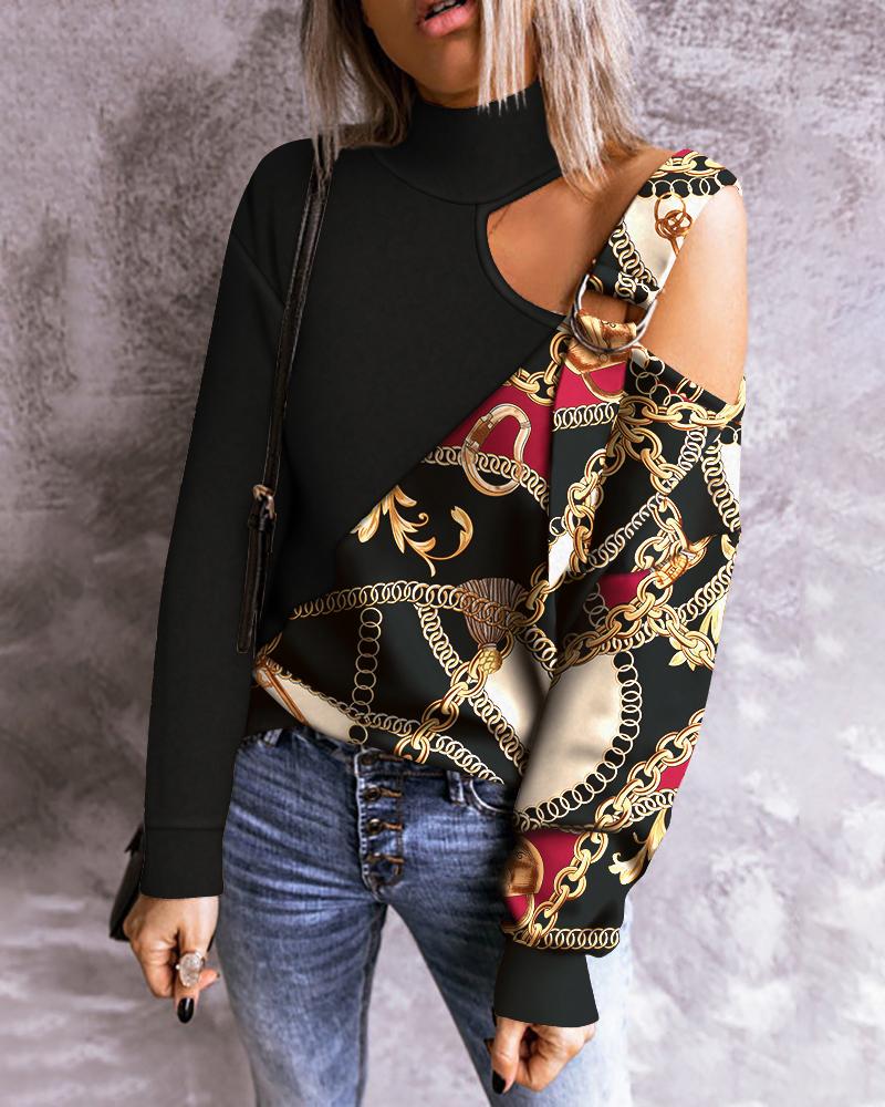 

Chain Print Colorblock Cutout One Shoulder Buckle Sweatshirt, Black