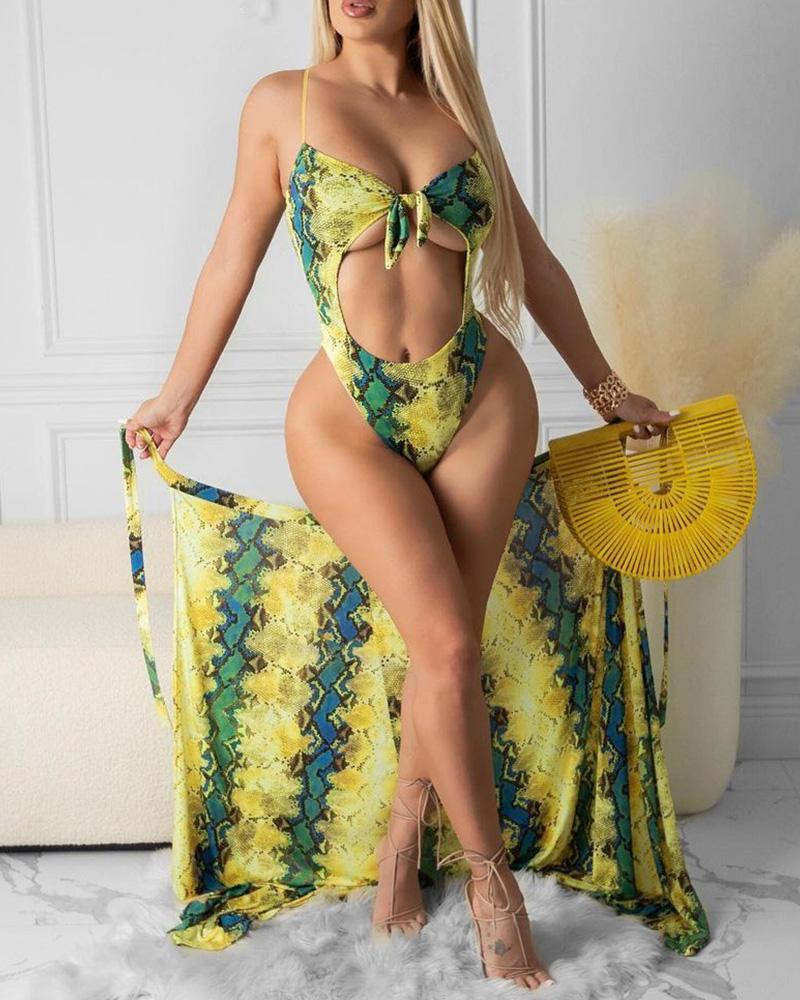 

2PCS Snakeskin Print Cutout Swimwear Set, Yellow