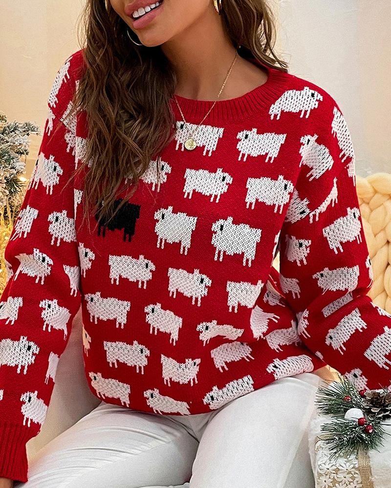 

All Over Print Long Sleeve Knit Sweater, Red