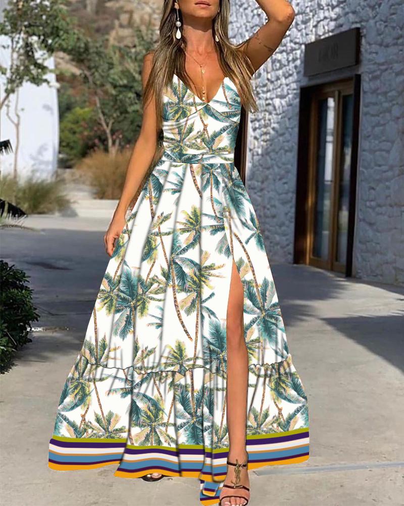 

V-neck Tropical Print Colorblock High Slit Maxi Dress, Multicolor