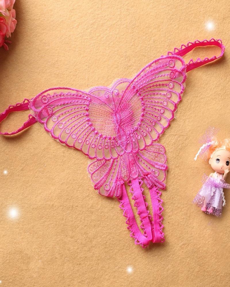 

Sexy Butterfly Embroidery Low Waist Skinny Thong Panties, Hot pink