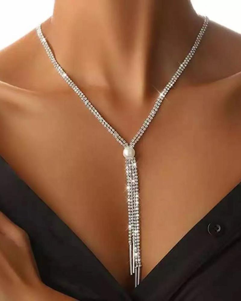 

1pc Pearl Rhinestone Tassel Necklace, Silver