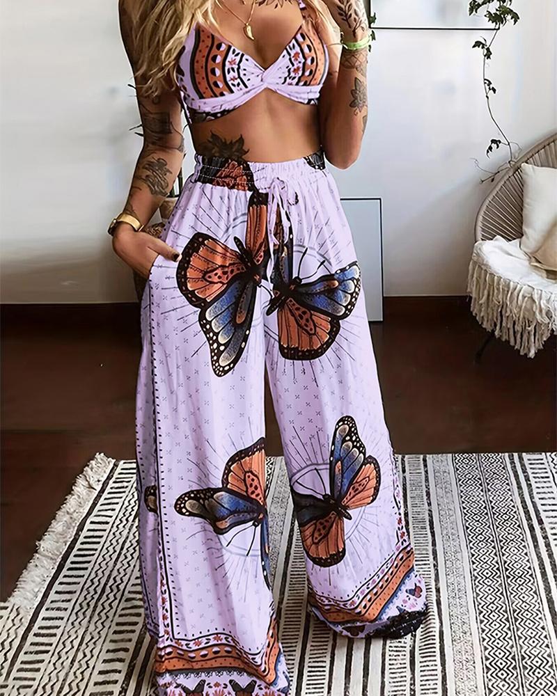 

Butterfly Geometric Print Twisted Crop Top & Pocket Design Pants Set, Purple