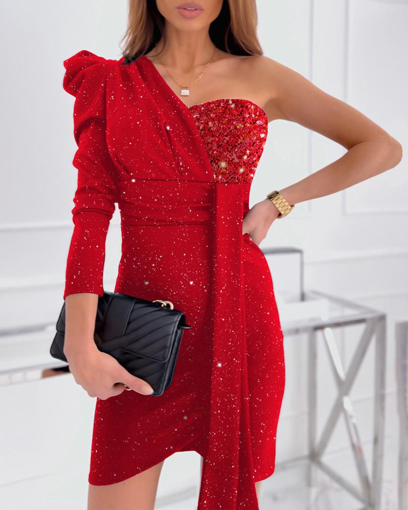 

One Shoulder Puff Sleeve Glitter Asymmetrical Party Dress, Red