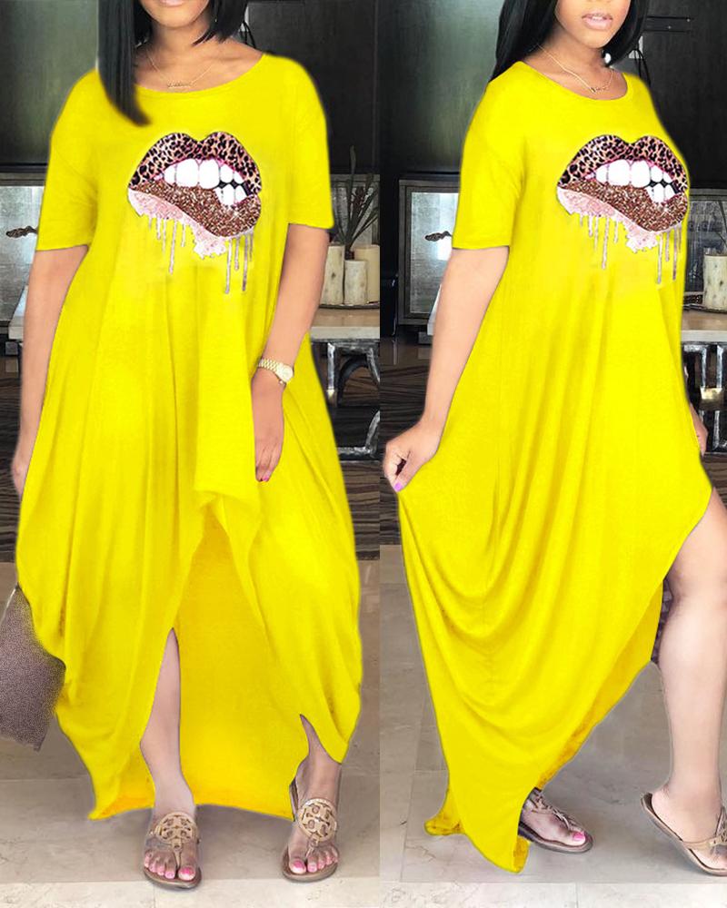 

Lip Print Irregular Loose Dress, Yellow