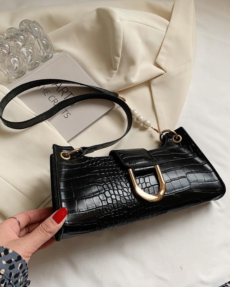 

Embossed Pearls Decor Baguette Bag, Black