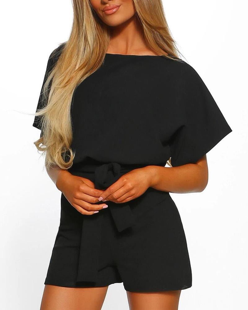 

Batwing Sleeve Keyhole Back Belted Romper Playsuit, Black