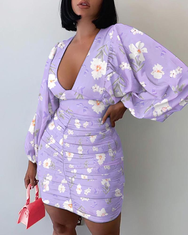 

Plunge Floral Print Lantern Sleeve Pleated Dress, Purple