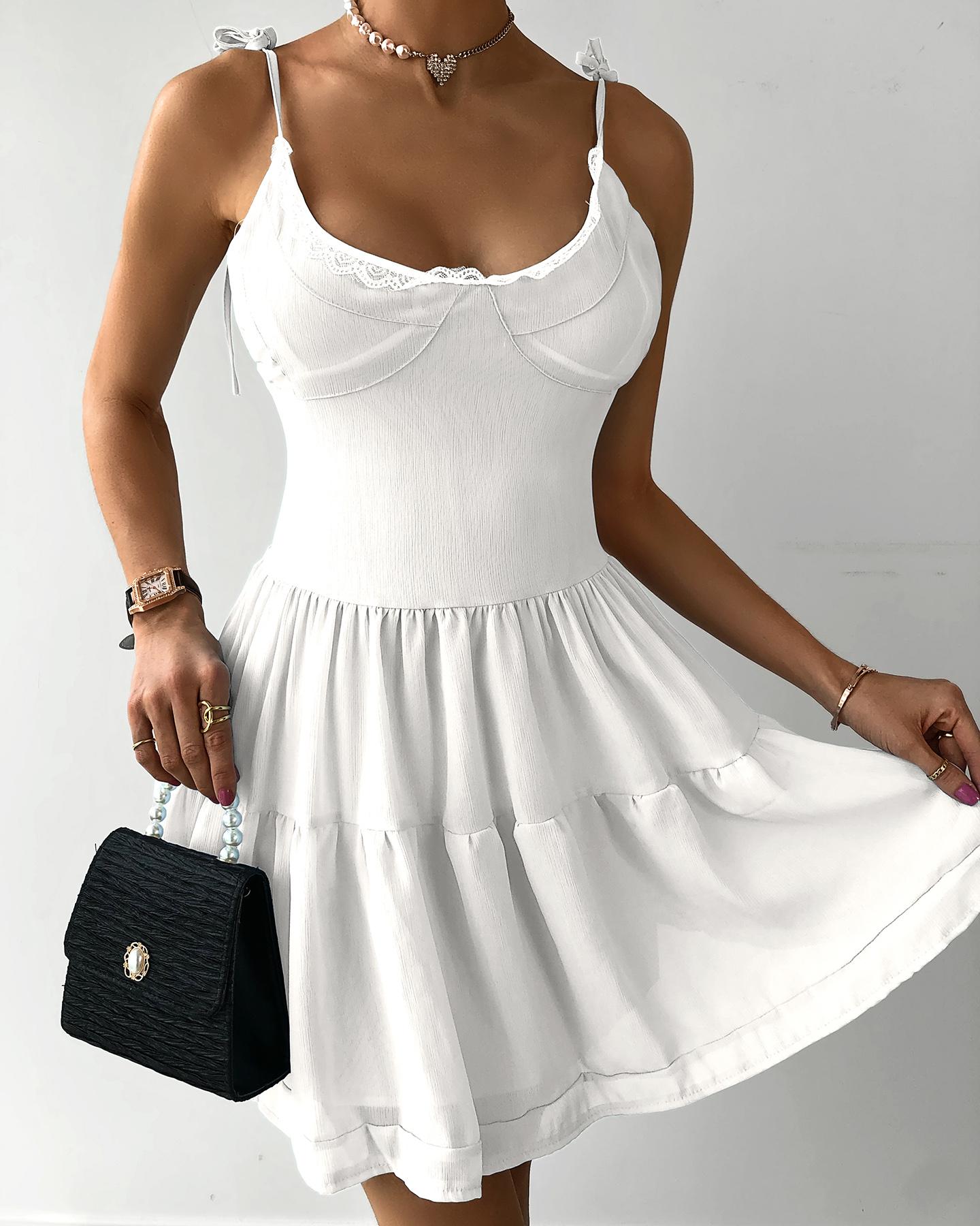 

Lace Trim Ruffles Tied Detail Dress, White