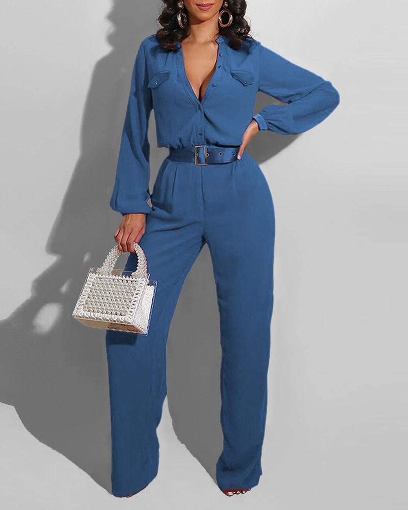 

Plain Button Design Lantern Sleeve Jumpsuit, Blue