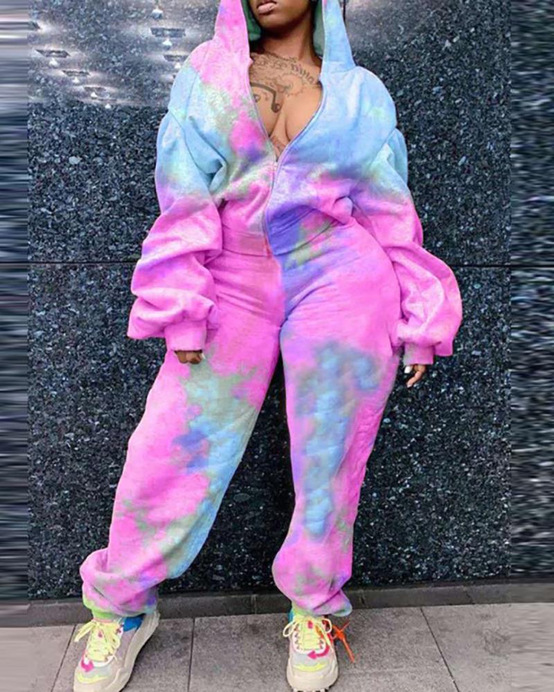 

Tie Dye Print Zipper Design Hooded Top & Pants Set, Style2