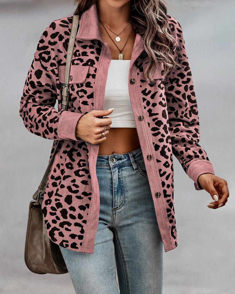 

Leopard Print Long Sleeve Button Down Shacket, Pink