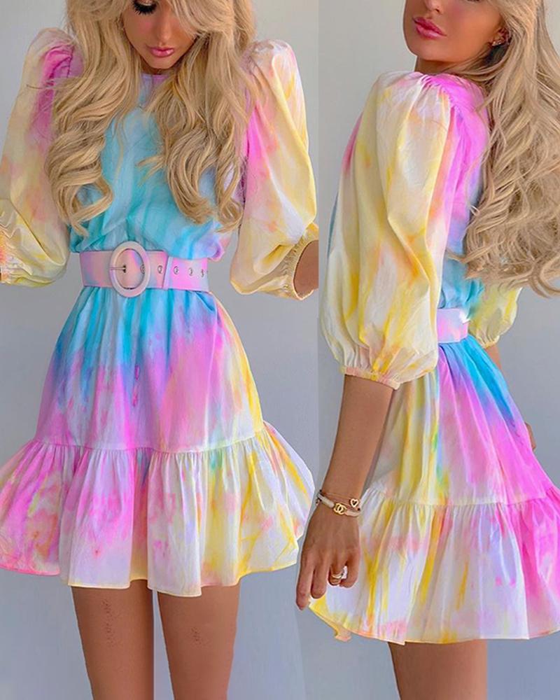 

Tie Dye Ruffle Hem Belted Dress, Multicolor