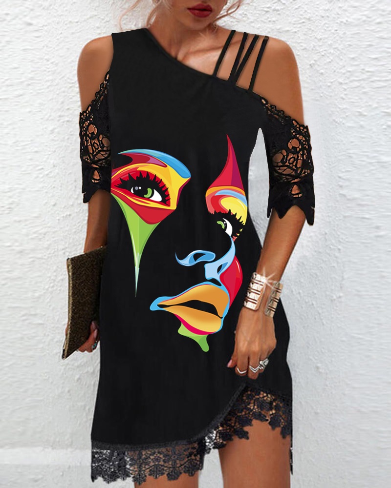 

Contrast Lace Figure Print Casual Dress, Black