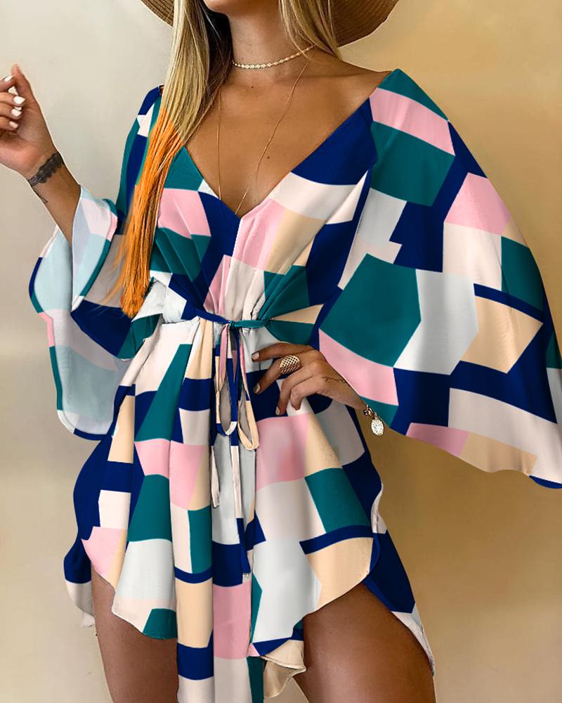 Geometric Print Batwing Sleeve Asymmetrical Dress