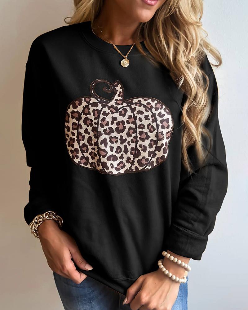 

Cheetah Pumpkin Pattern Print Long Sleeve Top, Black