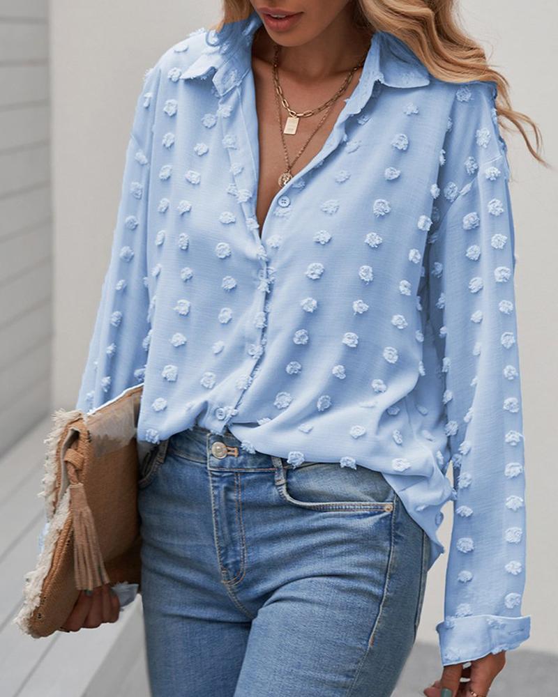 

Long Sleeve Swiss Dot Button Design Top, Blue