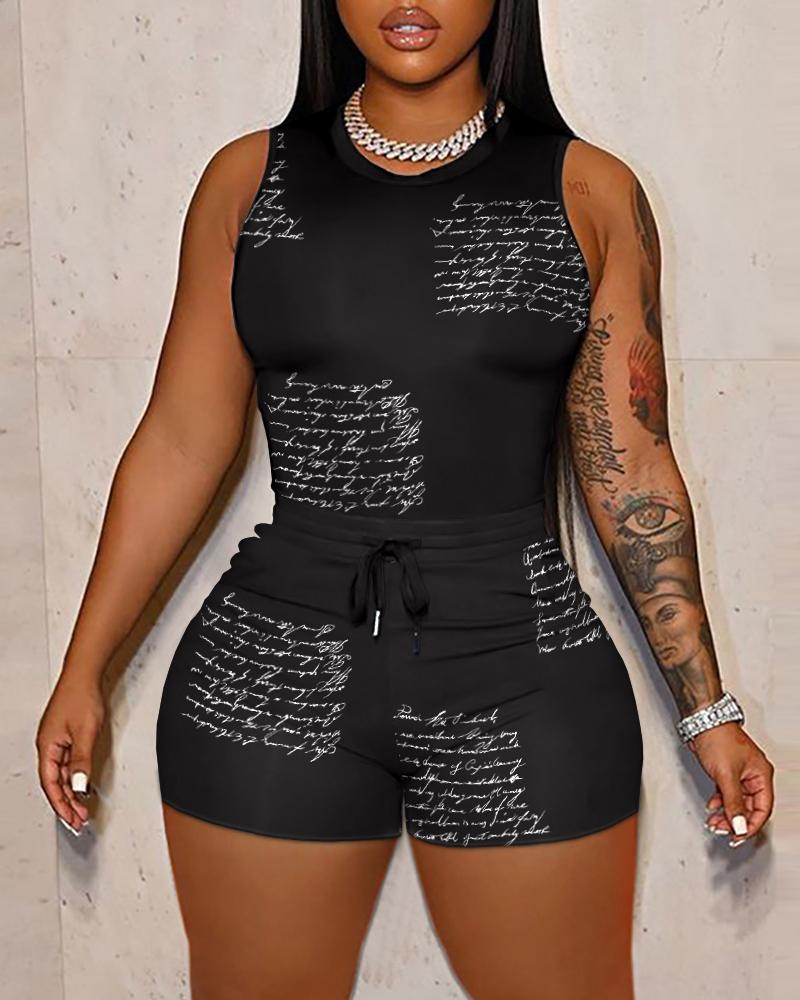 

Letter Print Basic Tank Top & Drawstring Shorts Set, Black