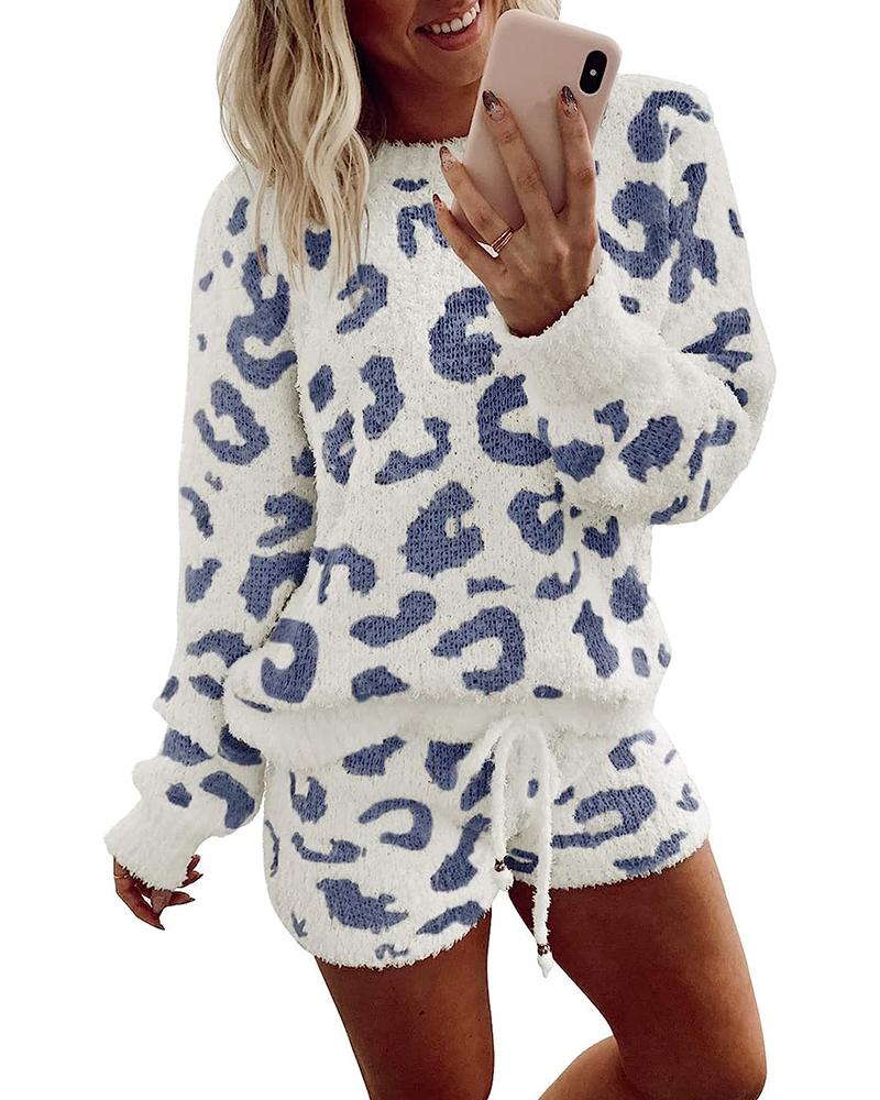 

Leopard Pattern Drawstring Fuzzy Pajamas Set, Blue