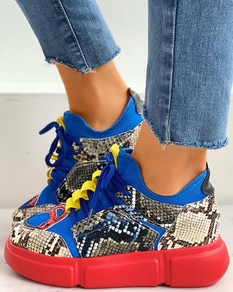 

Lace-Up Snakeskin Print Muffin Casual Sneakers, Red