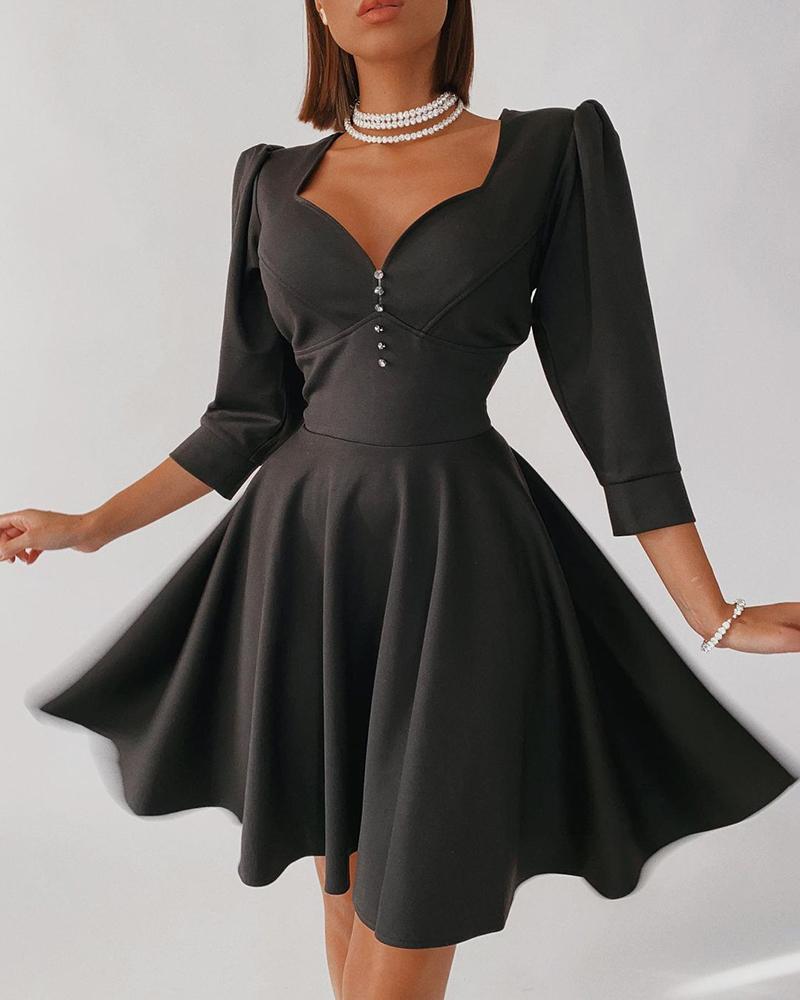 

Button Decor Ruched Puff Sleeve Party Dress, Black