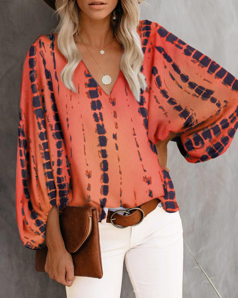 

V-Neck Tie Dye Print Lantern Sleeve Top, Orange