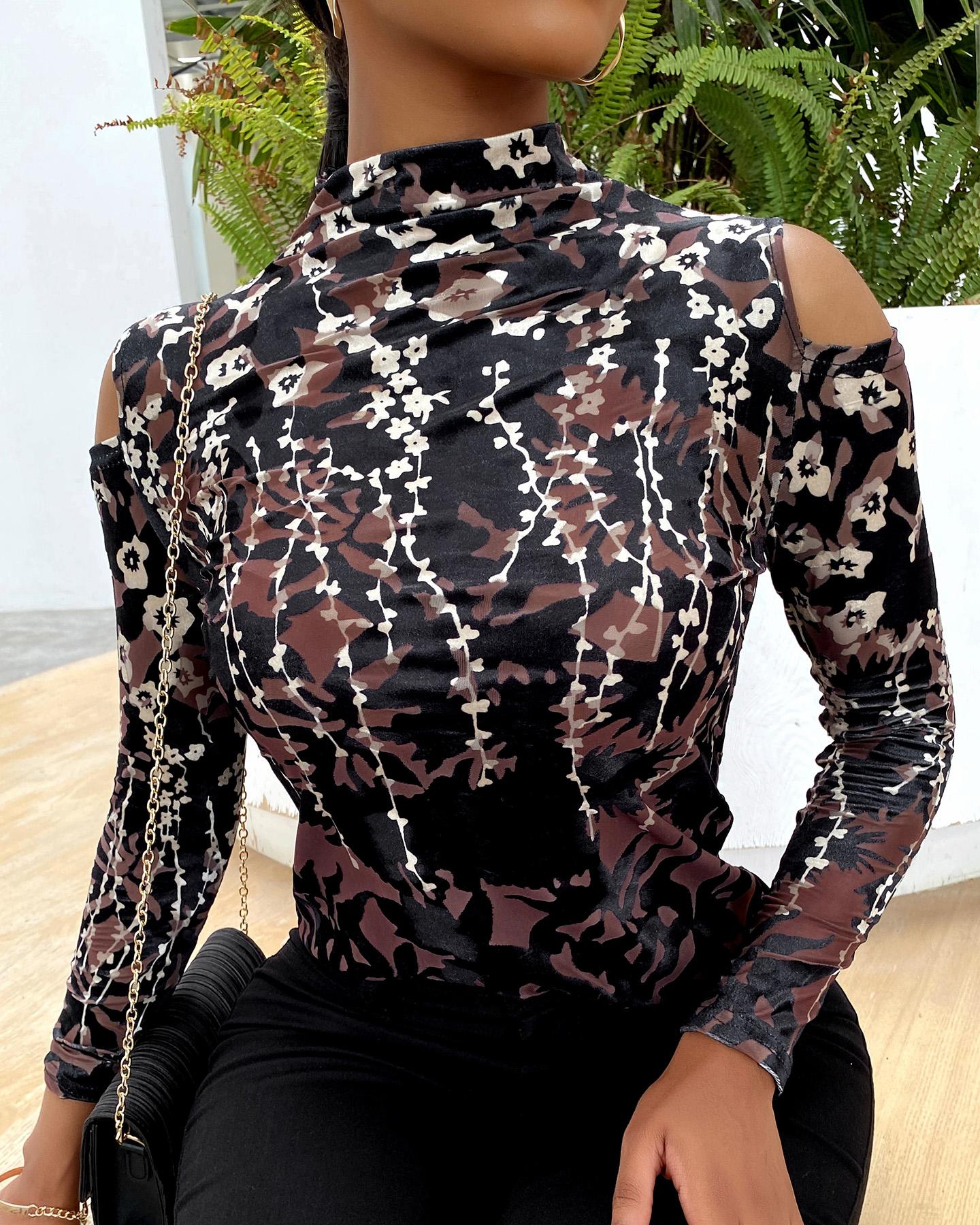 

Floral Print Colorblock Cold Shoulder Top, Black