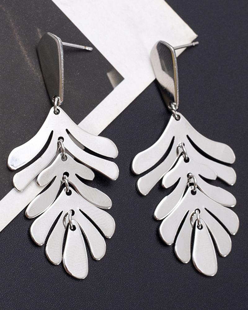

1Pair Leaf Shaped Tassel Design Drop Earrings, Silver