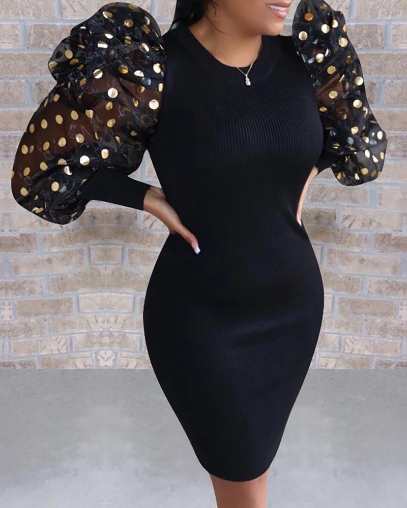 

Mesh Puffed Sleeve Bodycon Dress, Black