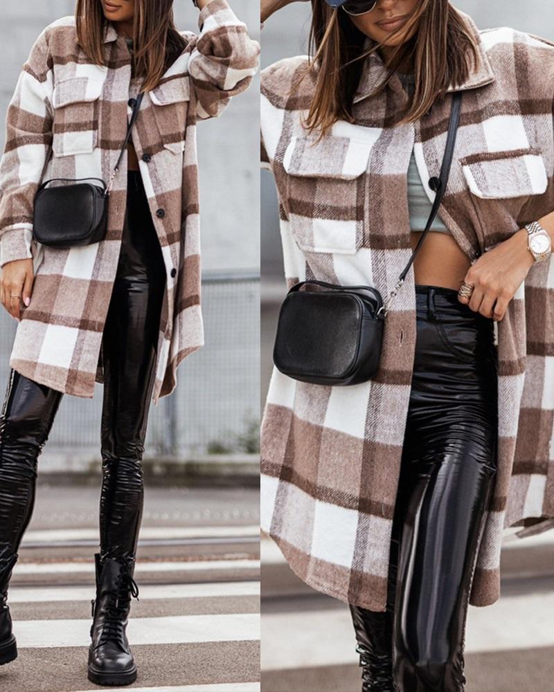 

Plaid Print Long Sleeve Button Down Shacket, Khaki