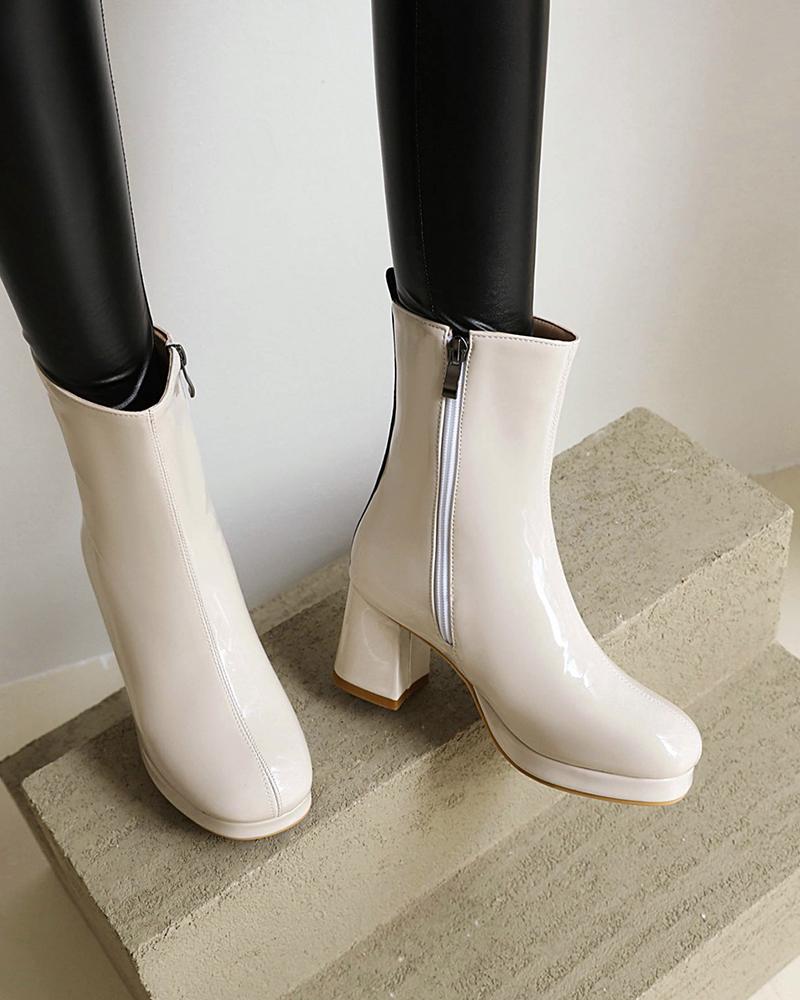 

Round-toe Lacquered Leather Ankle Boots, Beige