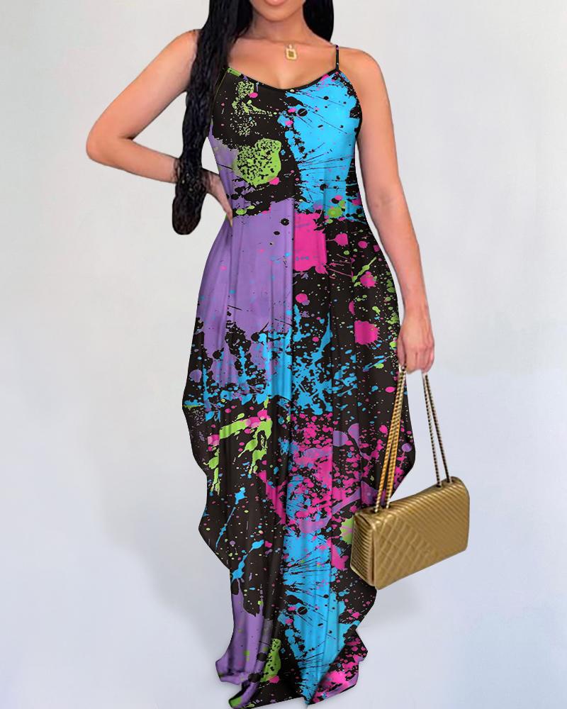 

Ink Splash Print Spaghetti Strap Maxi Dress, Multicolor