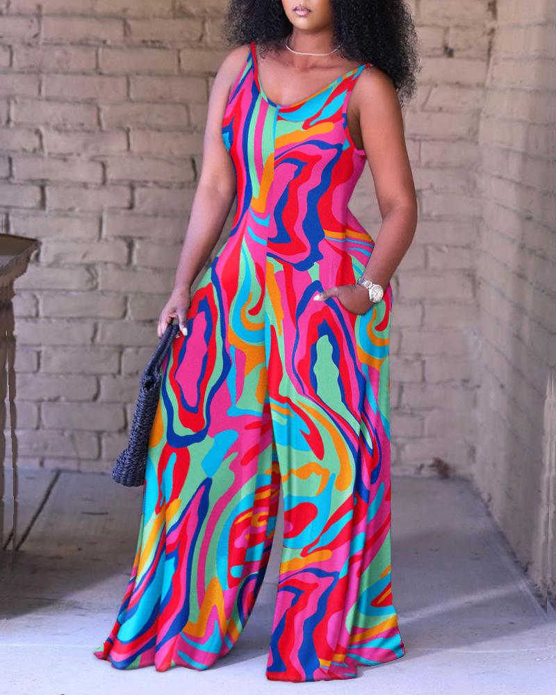 

Muti-Color Abstract Print Pocket Design Cami Jumpsuit, Multicolor