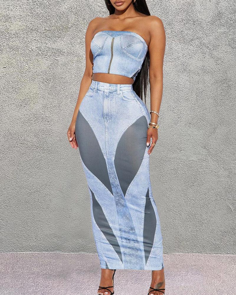 

Denim Look Print Bandeau Top & Skirt Set, Blue