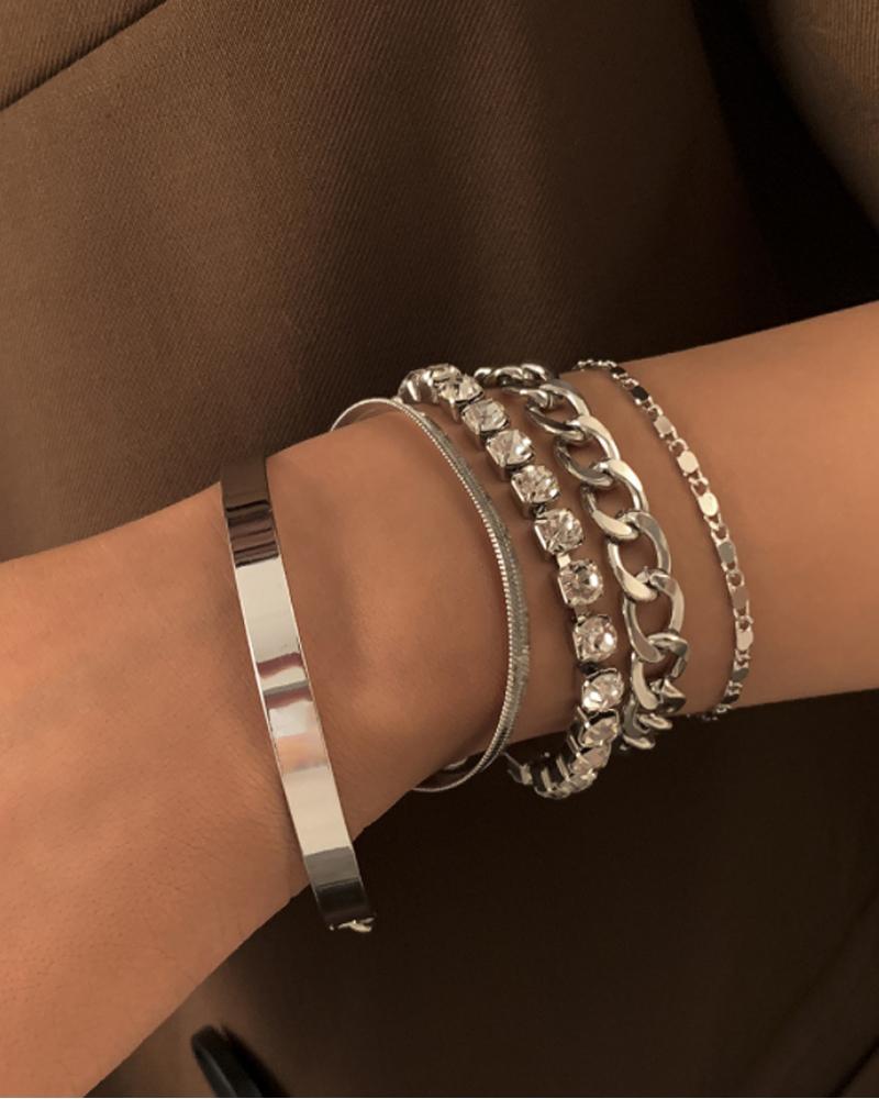 

5PCS/Set Rhinestone Decor Minimalist Chain Design Bracelet, Silver