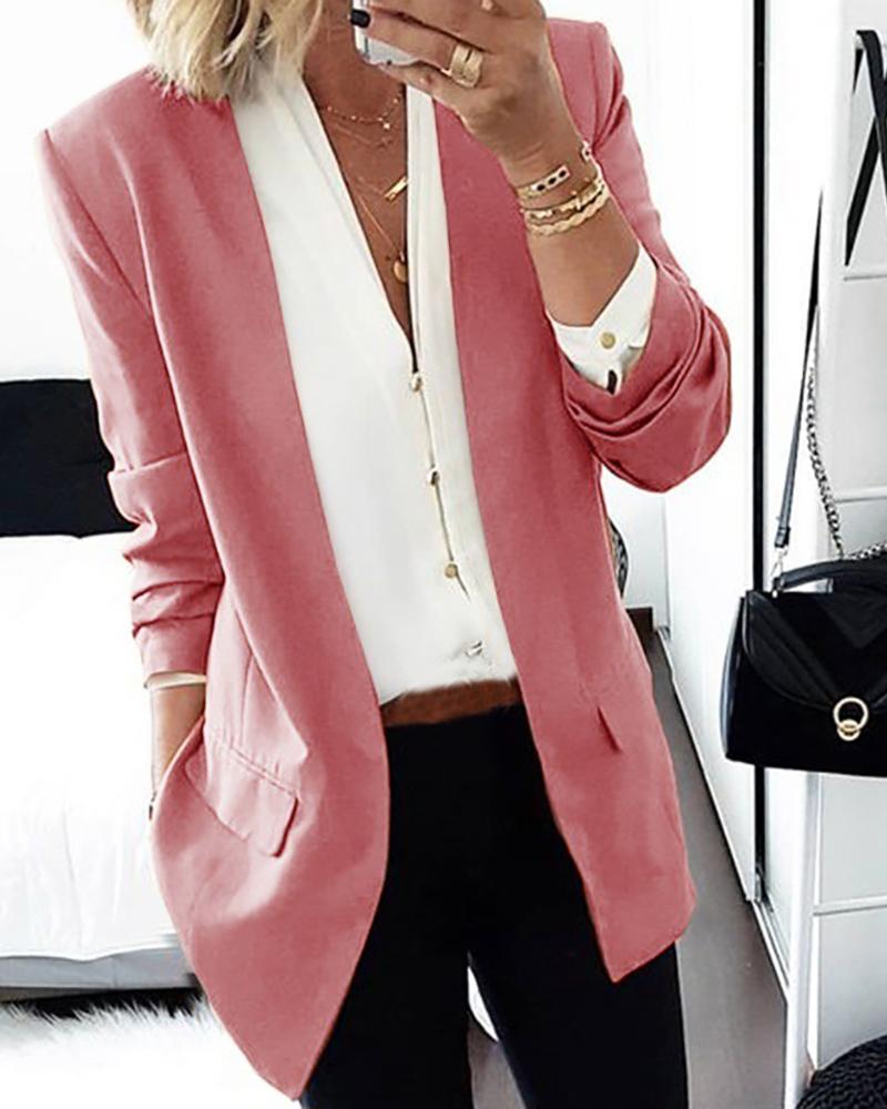 

Solid Long Sleeve Pocket Design Blazer Coat, Pink