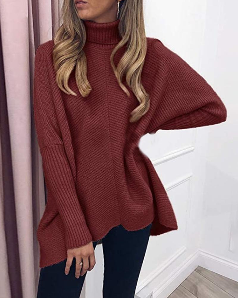 

Turtle Neck Plain Bat Wing Sleeve Sweater, Wine red