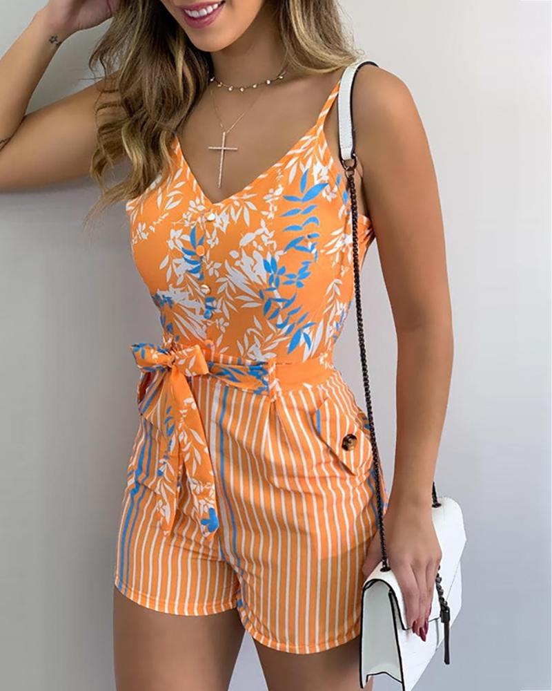 

Spaghetti Strap Leaf Print Striped Knotted Romper, Yellow