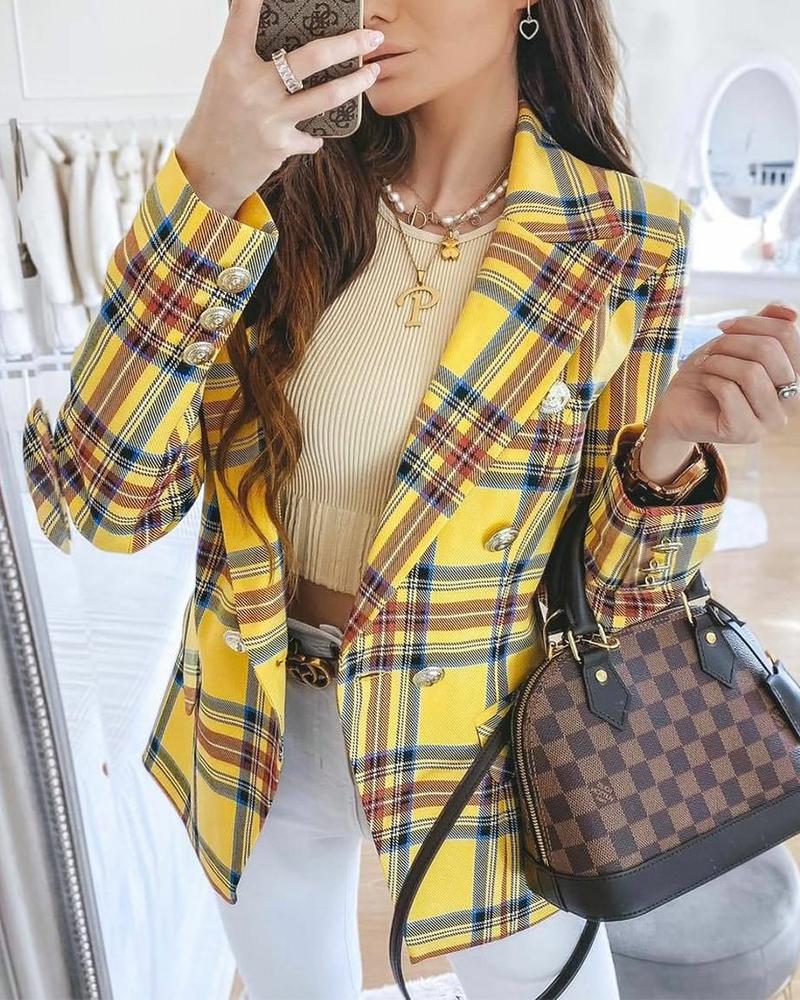 

Lapel Collar Flap Detail Double Breasted Plaid Blazer, Yellow