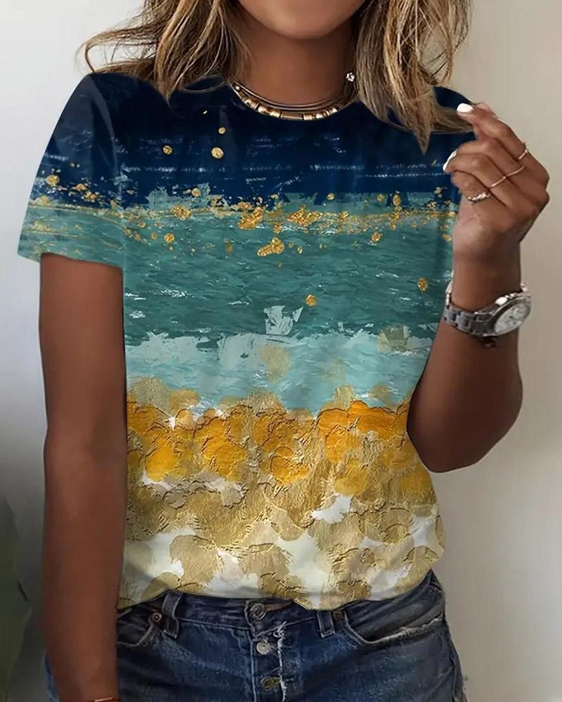 

Plus Size Painting Landscape Print Short Sleeve T-Shirt, Multicolor