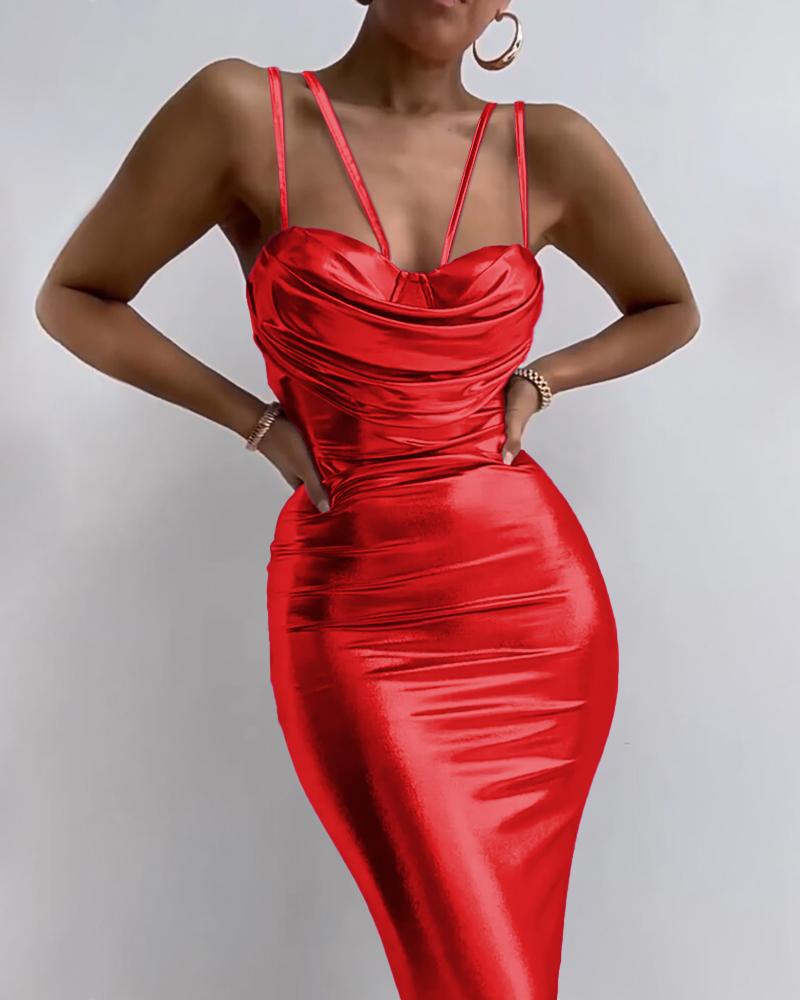 

Ruched Metallic PU Leather Bodycon Dress, Red