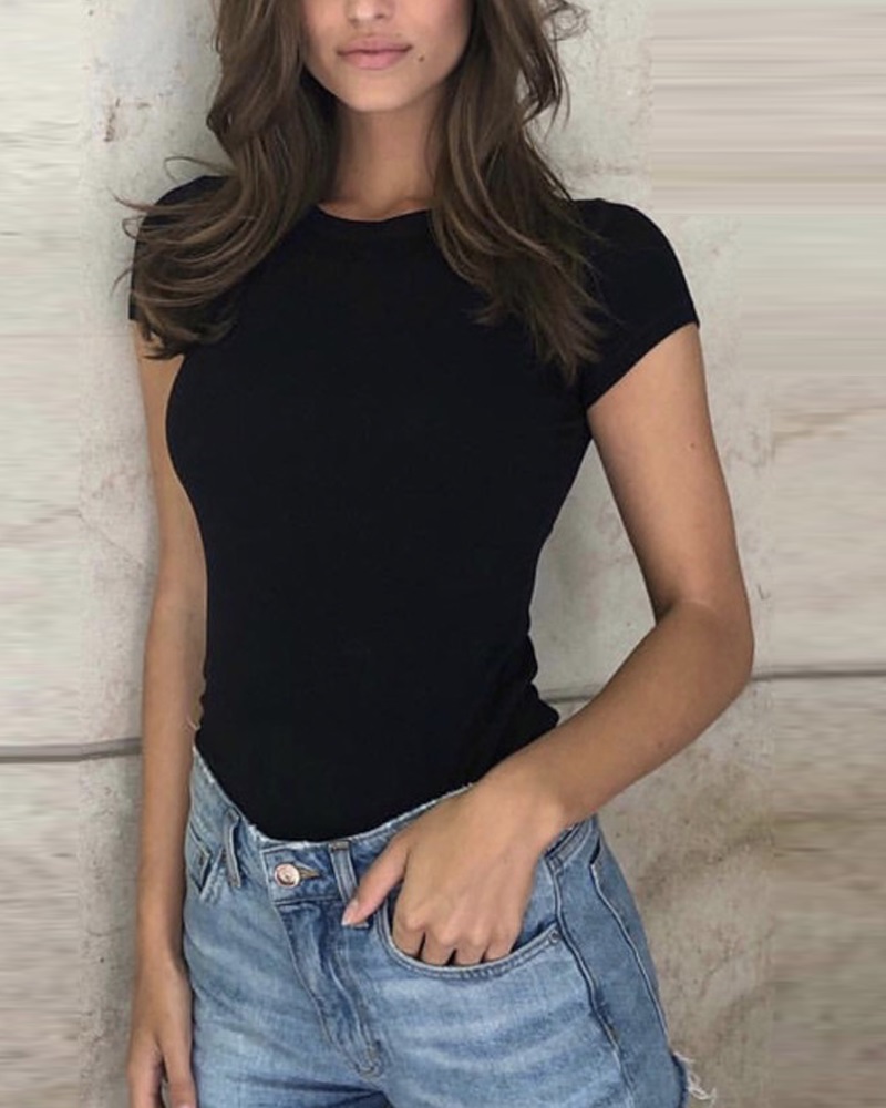 

Plain Short Sleeve Skinny Bodysuit, Black