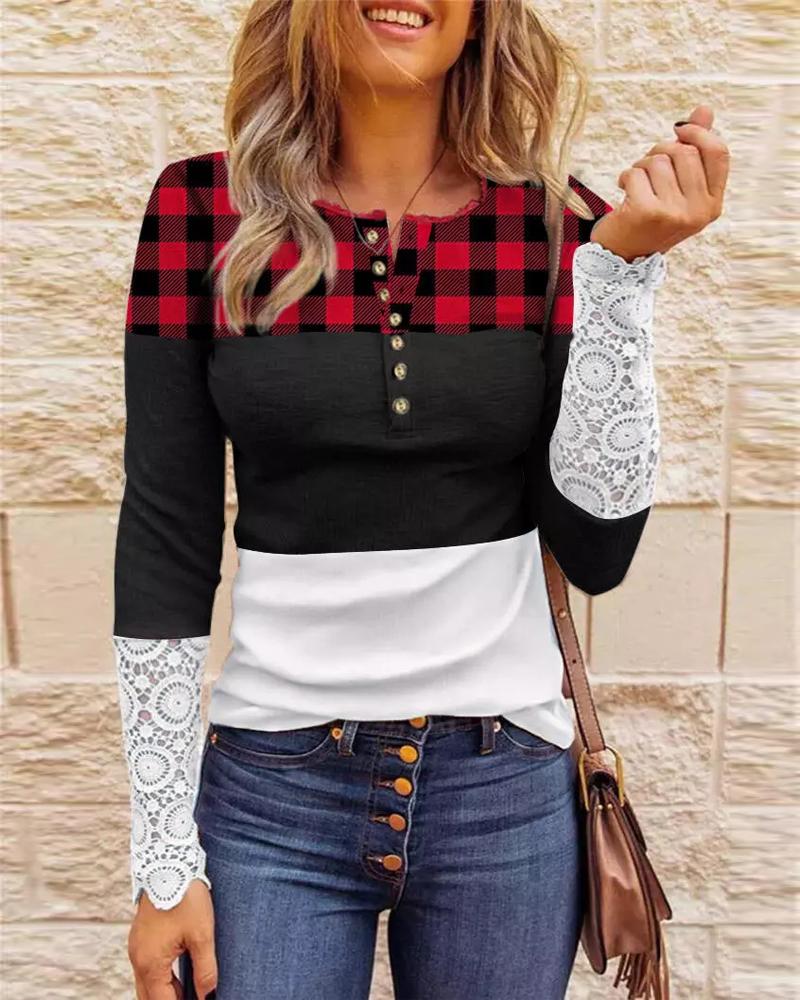 

Plaid Print Colorblock Contrast Lace Long Sleeve Top, White