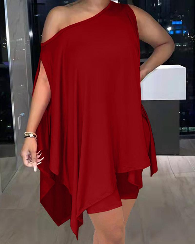 

Cold Shoulder Split Hem Asymmetrical Top & Shorts Set, Wine red