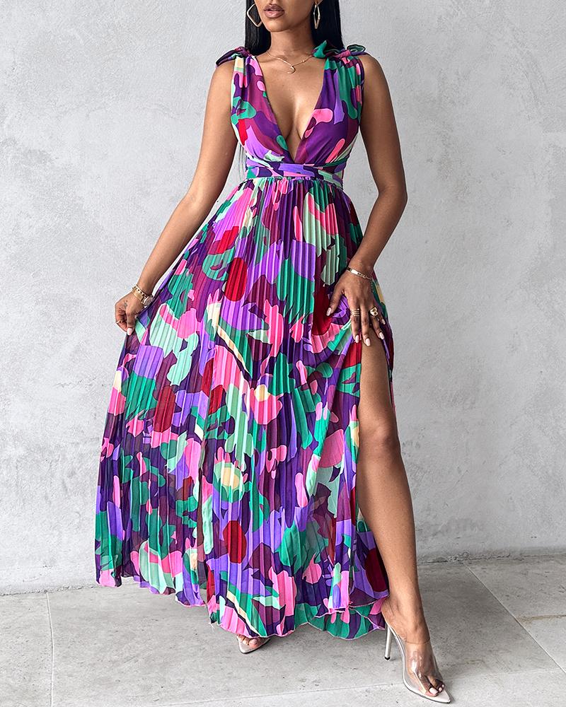 

All Over Print Ruched Slit Tied Detail Maxi Dress, Purple