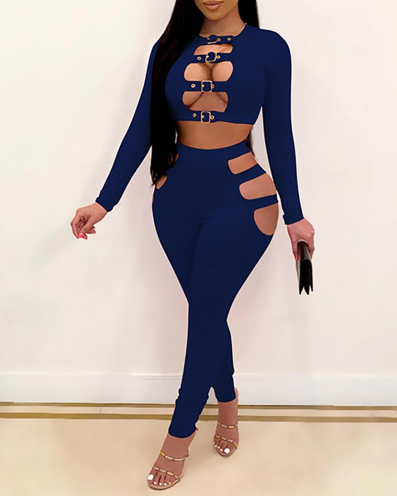 

Eyelet Buckled Ladder Cutout Top & Pants Set, Dark blue