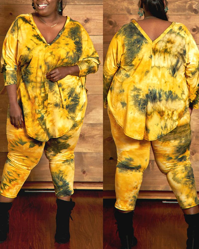 

Plus Size Tie Dye Print Long Sleeve Top & Pants Set, Yellow